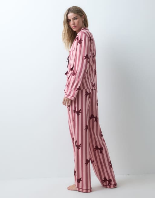 Loungeable supersoft jersey tie front shirt and trouser pyjama set in bow print pink stripe, 4 of 4