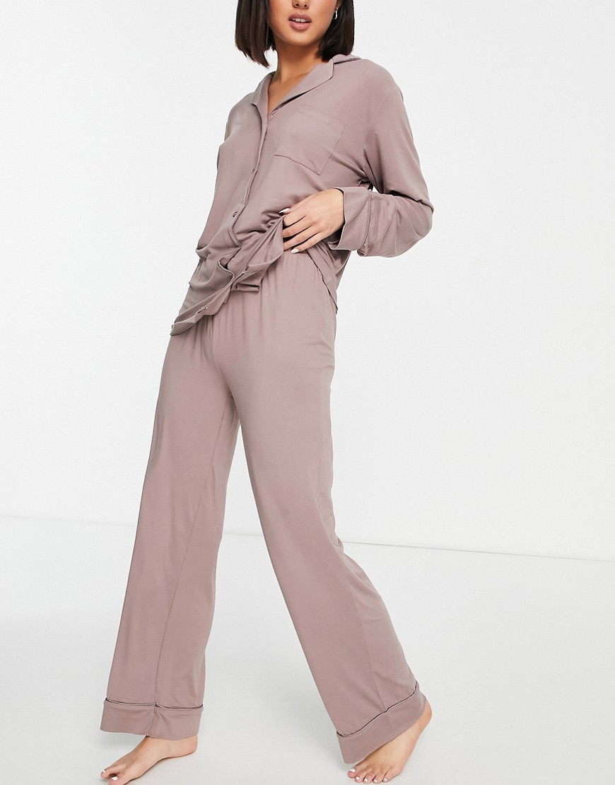 Loungeable supersoft long pajama set with satin piping in mink-Brown