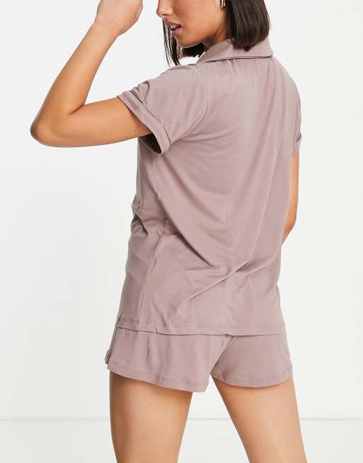 Loungeable supersoft short pyjama set with satin piping in mink, 2 of 4