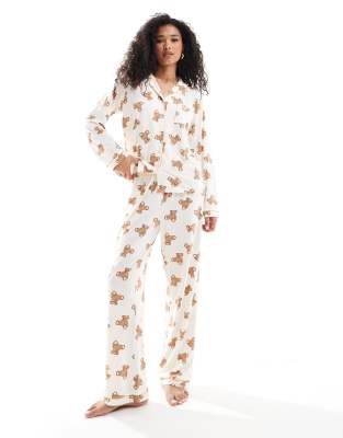 Loungeable - Superweicher Jersey-Pyjama mit Oberteil mit Revers und Hose mit weitem Bein mit Paspelierung und Teddy-Prin...