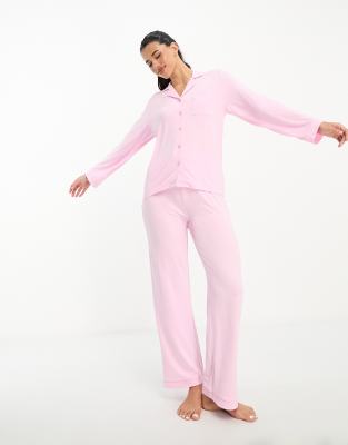 Loungeable - Superweicher Jersey-Pyjama mit Oberteil mit Reverskragen und Hose mit weitem Bein und Paspelierung-Keine Fa...