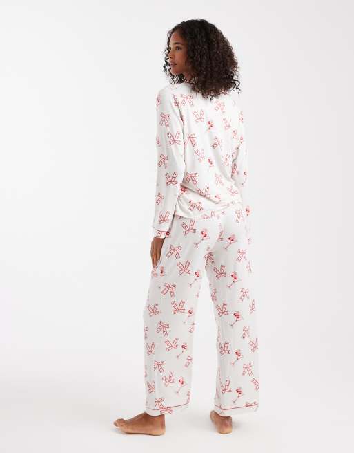Loungeable - Superzachte jersey pyjamaset met print van cocktails en strikjes in crème, 2 van 4