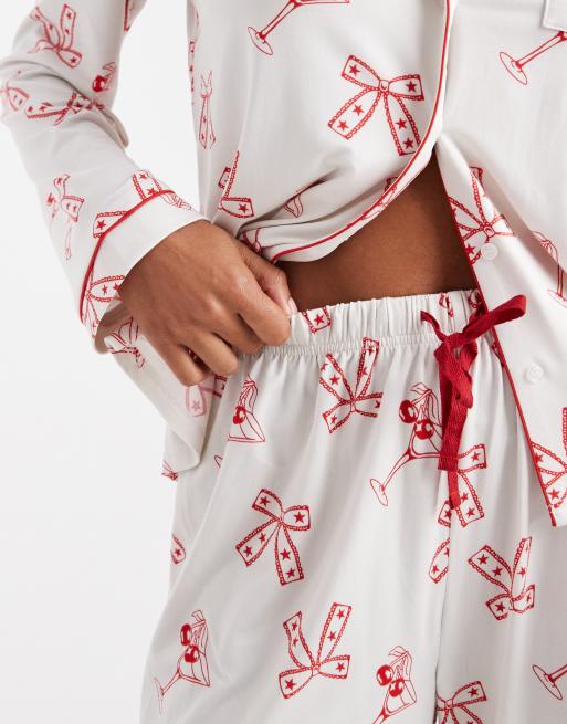 Loungeable - Superzachte jersey pyjamaset met print van cocktails en strikjes in crème, 4 van 4
