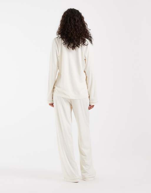 Loungeable superzachte jersey pyjamaset met revers, wijde pijpen en bies in marshmallow, 3 van 4