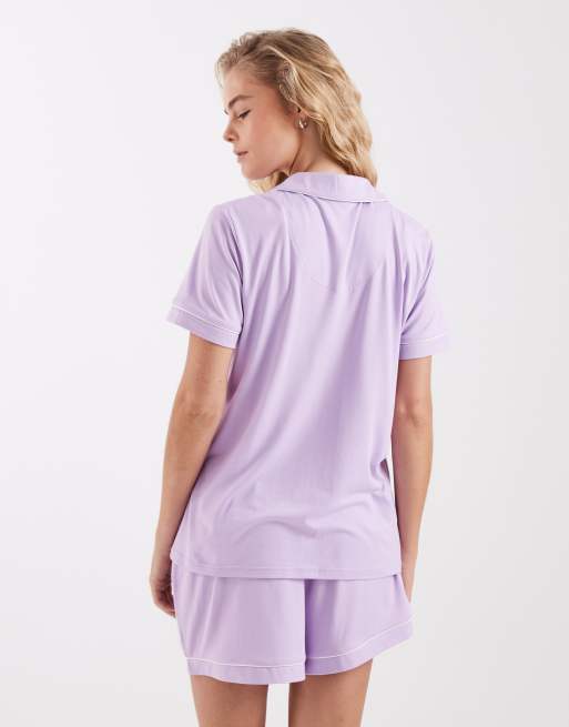 Loungeable superzachte jersey set met reverskraagtop en short in lila, 4 van 4