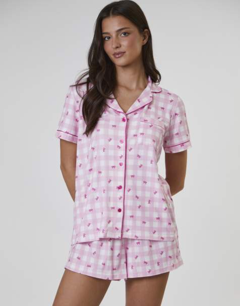 Loungeable - Superzachte pyjamaset met korte mouwen en short met strikjesprint in roze - view 1