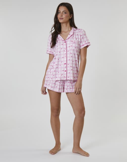 Loungeable - Superzachte pyjamaset met korte mouwen en short met strikjesprint in roze, 2 van 4