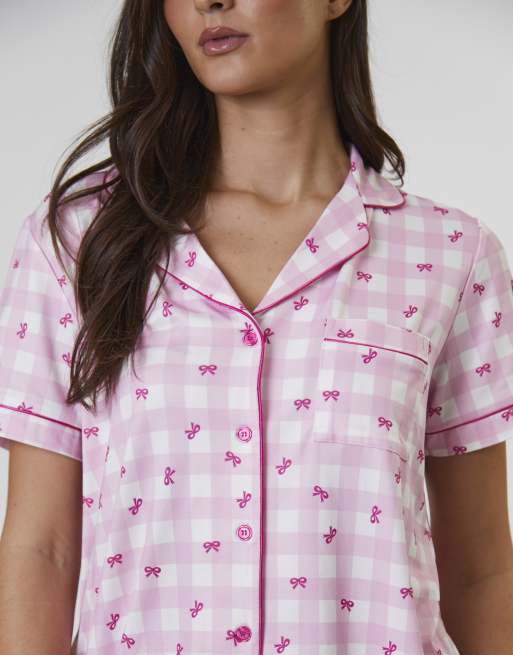Loungeable - Superzachte pyjamaset met korte mouwen en short met strikjesprint in roze, 3 van 4