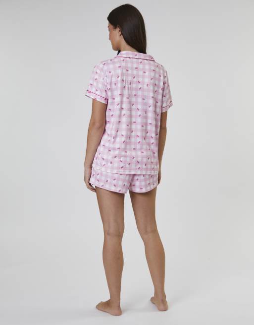 Loungeable - Superzachte pyjamaset met korte mouwen en short met strikjesprint in roze, 4 van 4