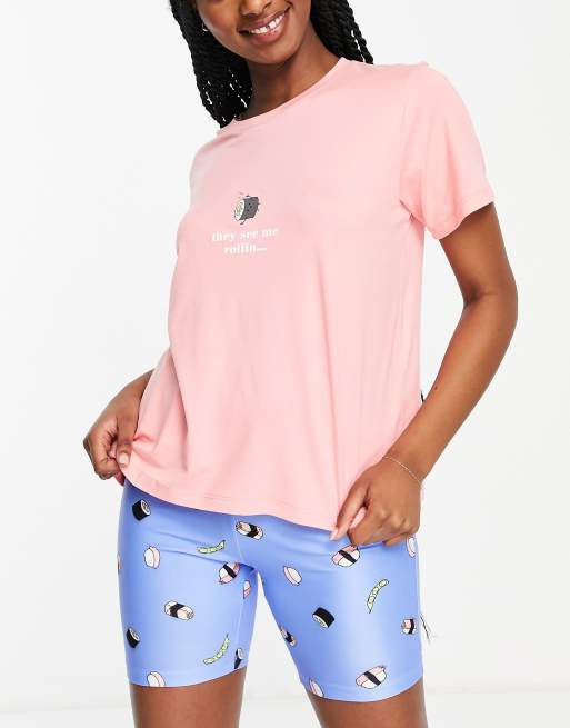 Loungeable - Sushi - Pyjamaset met korte legging in perzikkleur en blauw