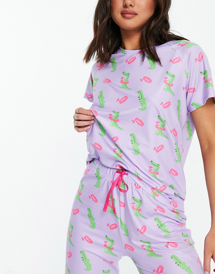 Loungeable t-shirt and legging pajama set with crocodile print in lilac-Multi