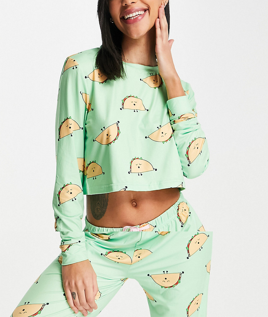 Loungeable taco crop top and legging pajama set in green