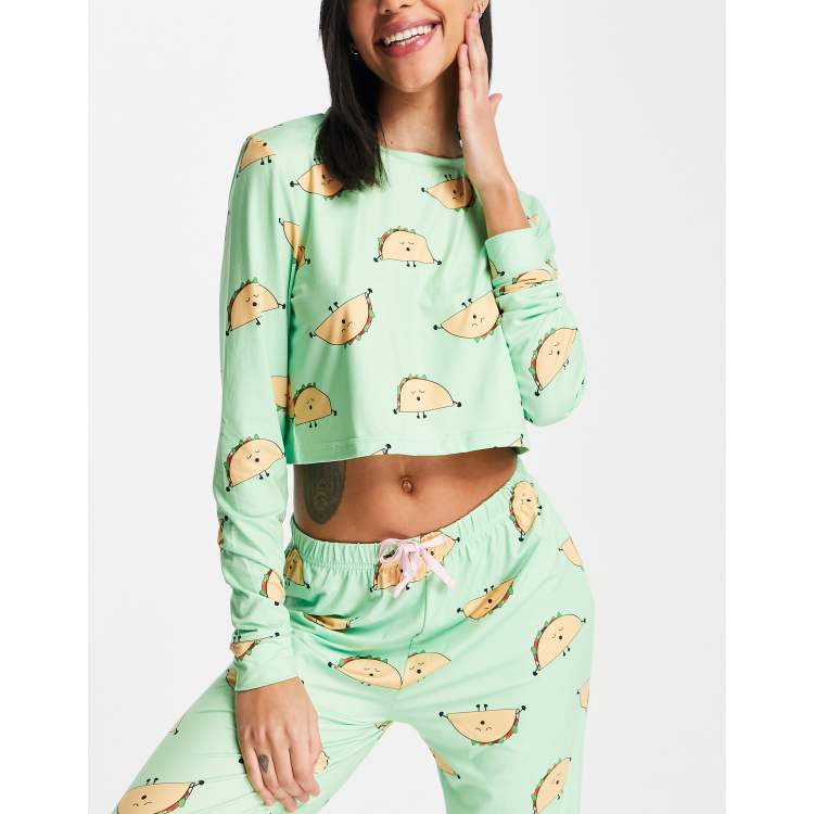 Loungeable taco crop top and legging pajama set in green