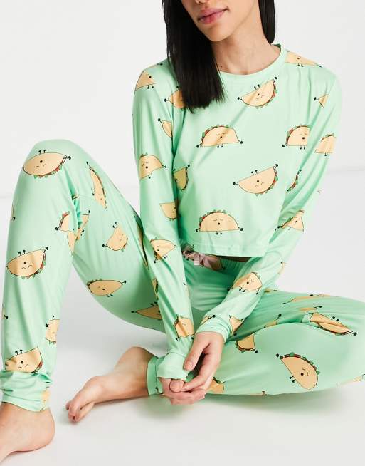 Loungeable taco crop top and legging pajama set in green