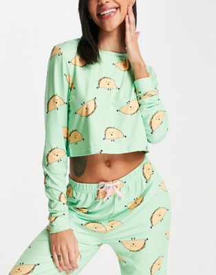 Loungeable taco crop top and legging pyjama set in green