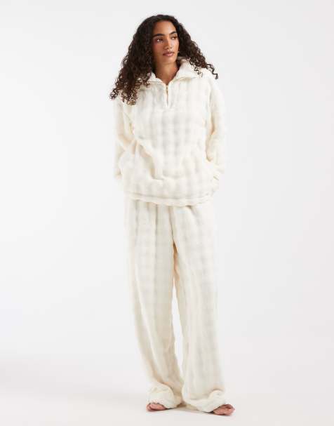 Loungeable Tall bubble zip neck snuggle top and wide leg pants set in cream (part of a set) - view 1