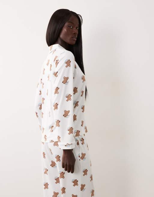 Loungeable Tall Christmas rever button up shirt and pant pyjama set in santa teddy, 4 of 4