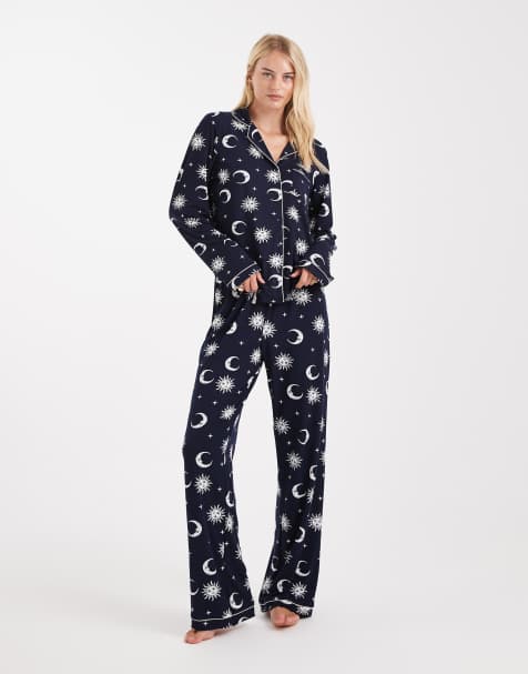 Loungeable Tall super soft jersey camp collar pajama set with piping details in navy celestial print - view 1