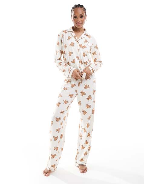 Loungeable Tall super soft jersey pyjama revere top and wide leg pants set with piping detail in teddy print - view 1