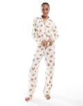 [Loungeable] Loungeable Tall super soft jersey pyjama revere top and wide leg pants set with piping detail in teddy print-Multi 12 MULTI