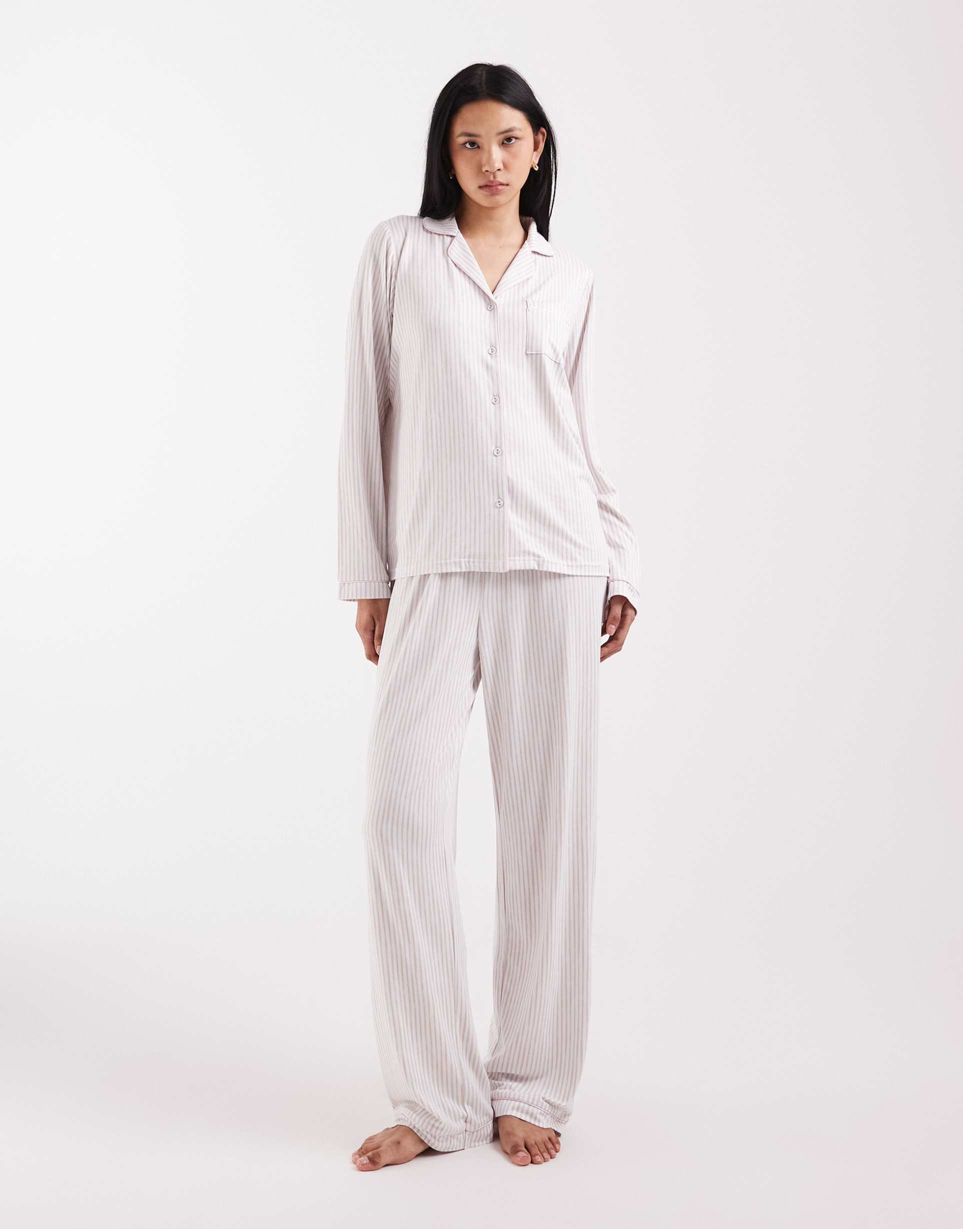 loungeable tall super soft jersey revere top and pants set in beige and white stripe