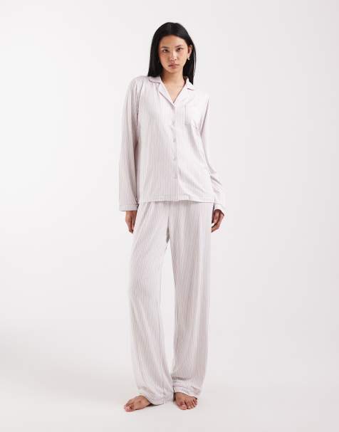 Loungeable Tall super soft jersey revere top and trouser set in beige and white stripe - view 1