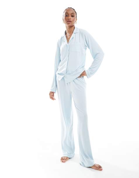 Loungeable Tall super soft jersey revere top and wide leg pajama set with piping detail in ice blue - view 1