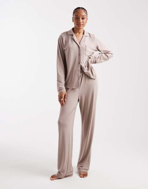 Loungeable Tall super soft jersey revere top and wide leg pajama set with piping detail in mink - view 1