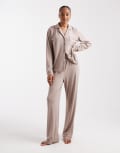 [Loungeable Tall] Loungeable Tall super soft jersey revere top and wide leg pyjama pants set with piping detail in mink-Neutral 12 Mink