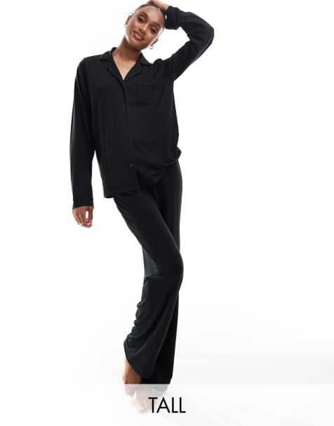 Loungeable Tall super soft jersey revere top and wide leg pyjama set with piping detail in black - view 1