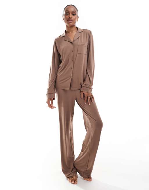 Loungeable Tall super soft jersey revere top and wide leg pyjama set with piping detail in cappuccino ASOS