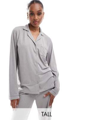 Loungeable Tall Loungeable Tall super soft jersey revere top and wide leg pyjama set with piping detail in grey marl