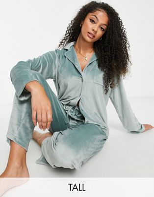 Loungeable Tall super soft velour revere pyjama set in sage green - ASOS Price Checker
