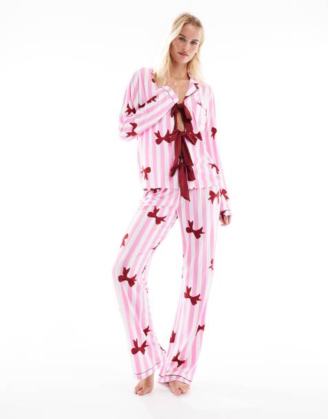 Loungeable Tall supersoft jersey bow print pyjama set in pink stripe - view 1