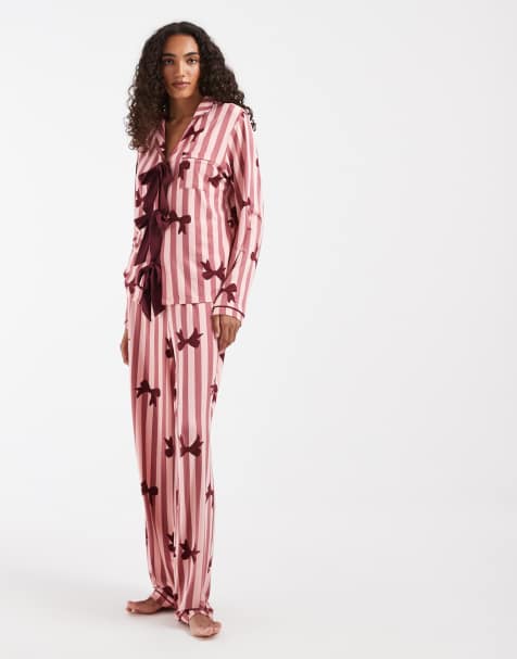 Loungeable Tall supersoft jersey tie front shirt and pants pyjama set in bow print pink stripe - view 1