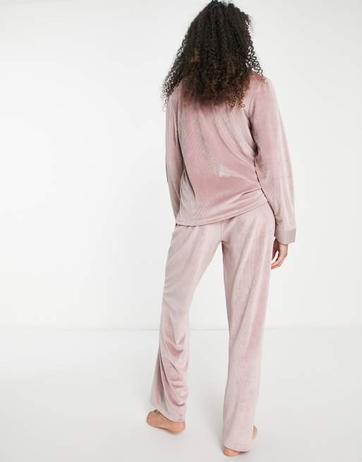 Loungeable Velour Long Sleeve Buttoned Pyjama Set