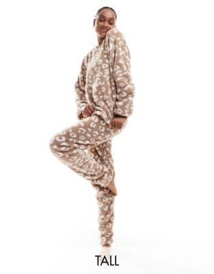 Loungeable Tall - Zweiteiliger, kuscheliger Pyjama aus Teddyfell in Taupe-Brown