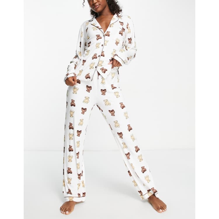 Loungeable teddy bear long shirt and pants pajama set in cream