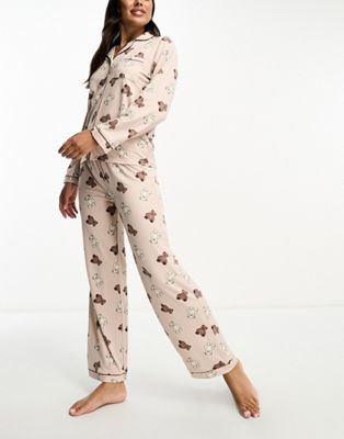 Loungeable teddy long button through pyjama set in brown