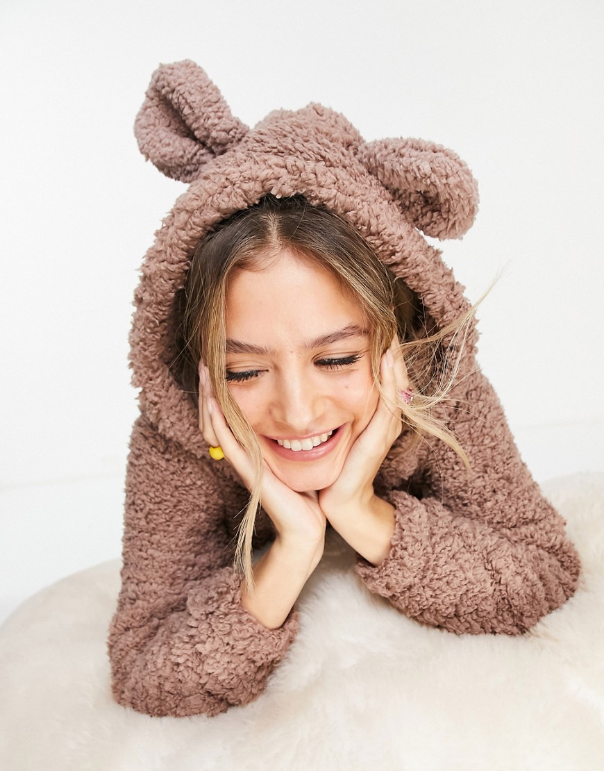 Loungeable teddy lounge romper with ears in brown