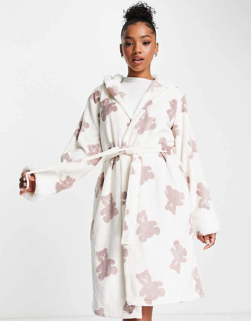 Loungeable teddy print robe with sherpa lining in cream-White