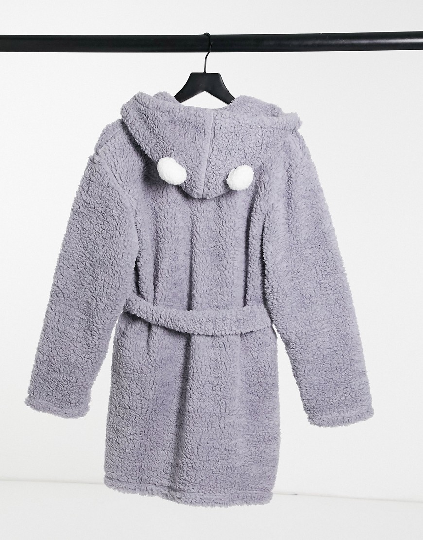 Loungeable teddy robe with pom pom detail in gray-Grey