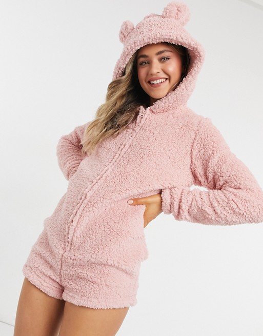 Loungeable teddy romper lounge playsuit in dusky pink sherpa
