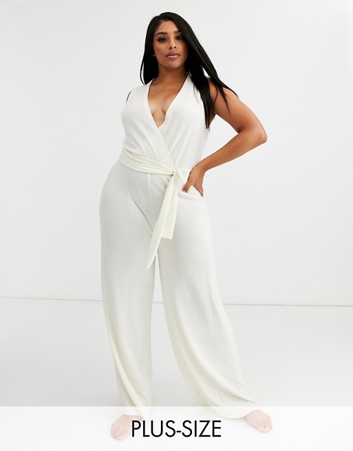 Loungeable tie front plus size wide leg jumpsuit in cream