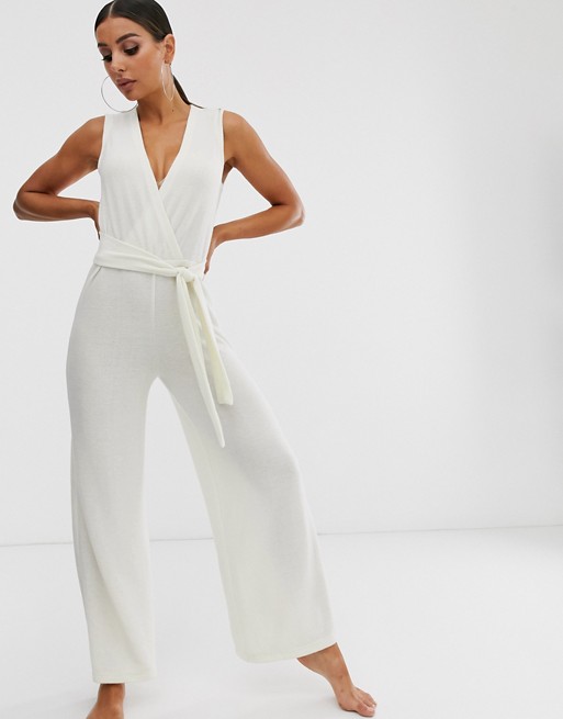 Loungeable tie front wide leg jumpsuit in cream