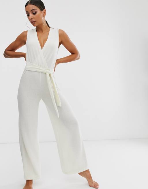 Loungeable tie front wide leg jumpsuit in cream | ASOS