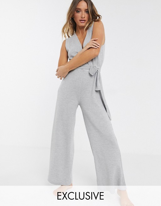 Loungeable tie front wide leg jumpsuit in grey
