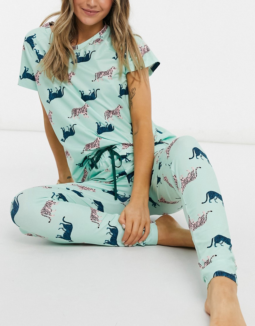 Loungeable tiger T-shirt and leggings pajama set in blue-Blues