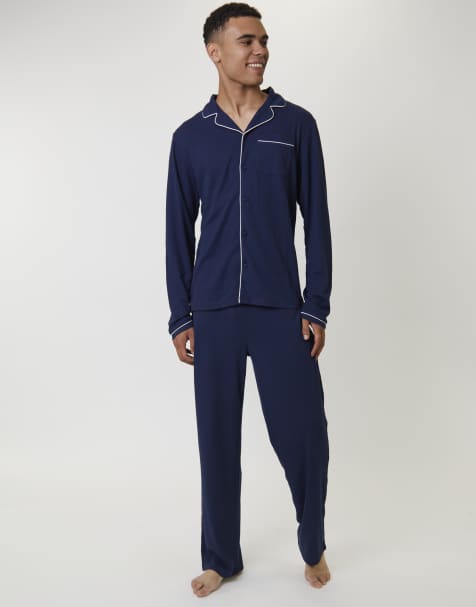 Loungeable - Traditionele pyjama met wafelstructuur in marineblauw - view 1