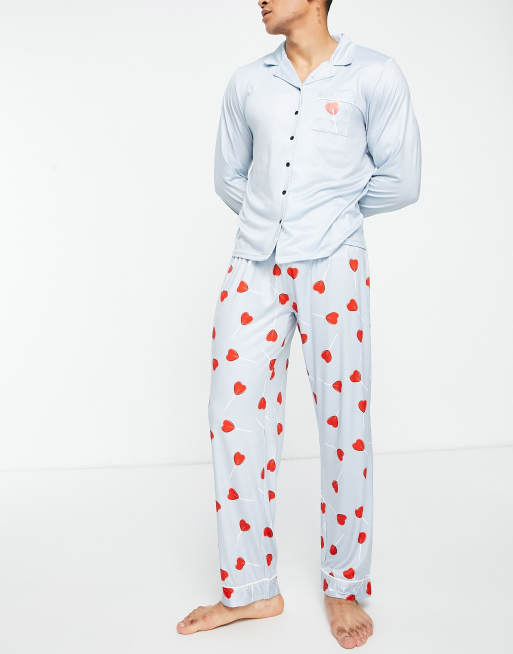 Loungeable - Traditionele valentijnspyjama met lollyhartje in blauw